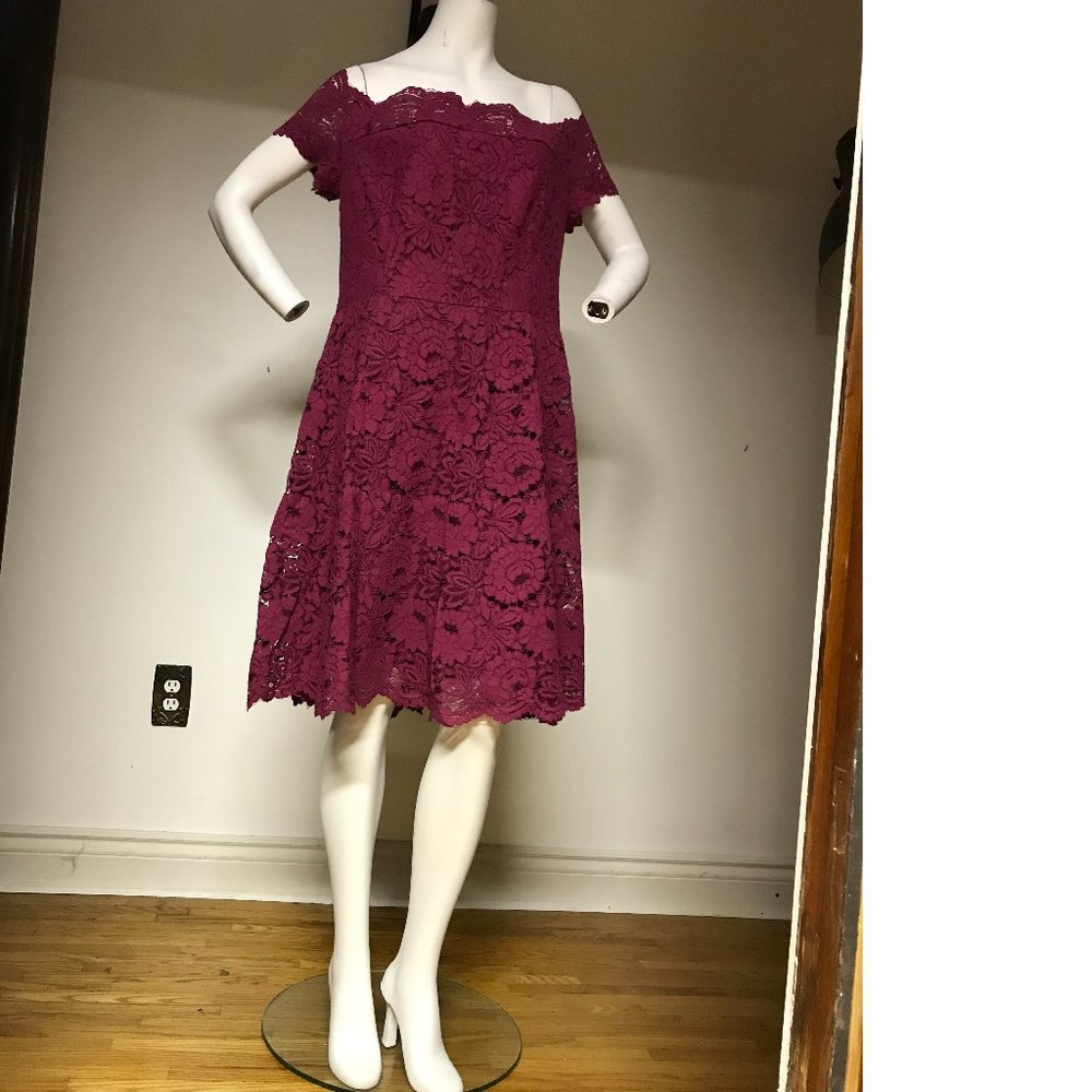 Sz 18 PLUS SIZE Le Chateau Deep Wine Plum Fit Flare Skater Lace Dress Formal NWT